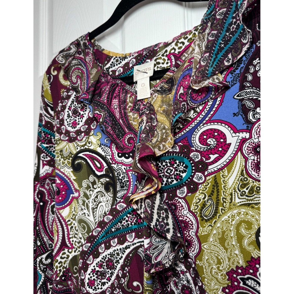 Chico's Sublime Paisley Ruffle V-Neck Blouse Long‎ Sleeve Boho Top 0 Small - Picture 8 of 12
